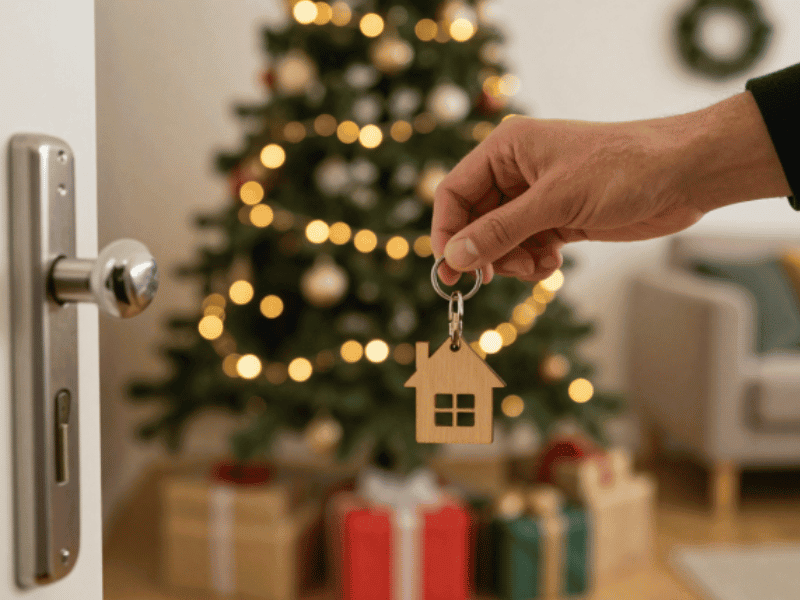 Family celebrating Christmas in their new home with a decorated Christmas tree and moving boxes